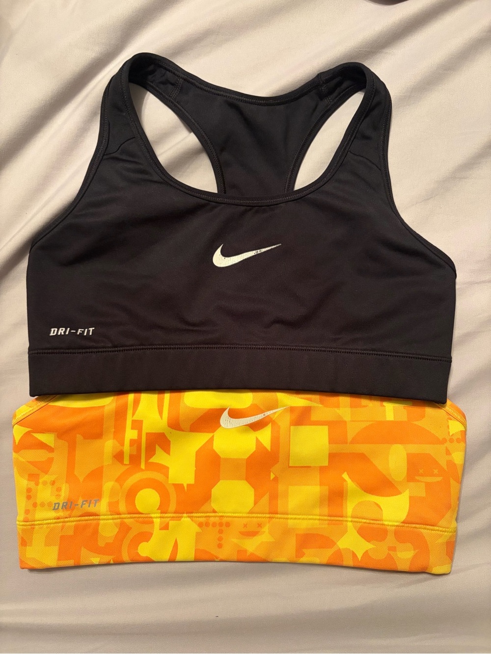 Nike Yellow Orange Geometric Racerback Sports Bra and Black Bra bundle
